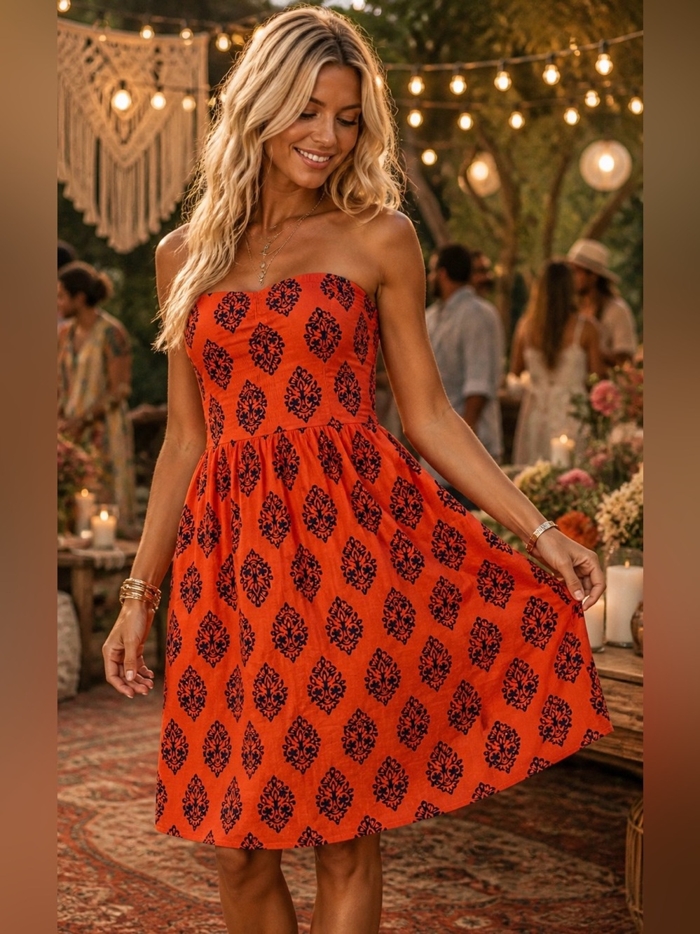 Old Navy Orange Strapless Boho Mini Dress Smocked Back S M 6 8 Festival Summer